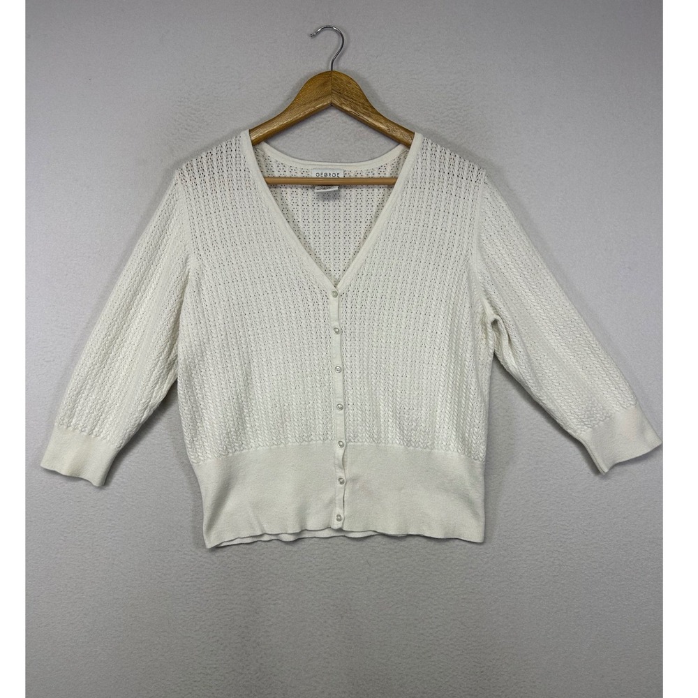 Coquette George Women XL White Pointelle Knit V-Neck 3/4 Sleeve Button Cardigan